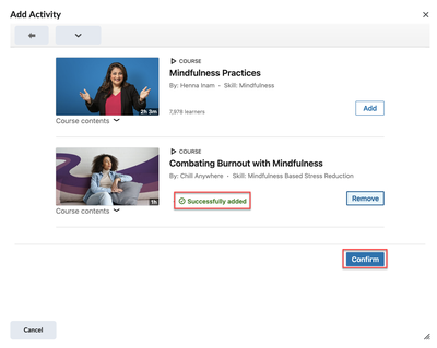 LinkedIn Learning Search page results for Mindfulness, Course successfully added