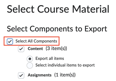 Select course components to export